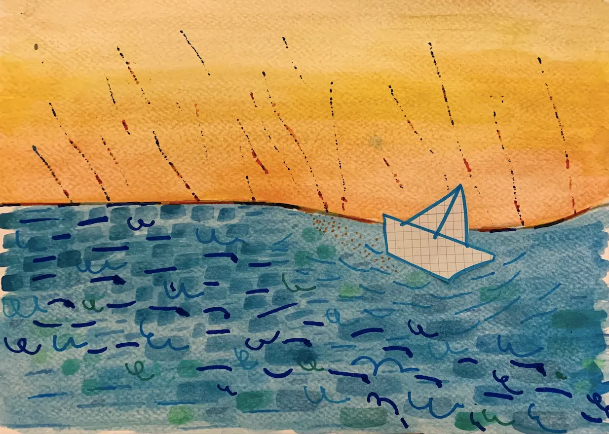 Acuarela de dibujo infantil con el mar y un barquito de papel.